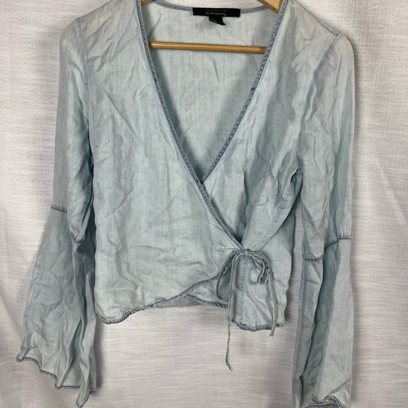 Y2K Vintage Coquette Wrap Shirt Cropped Long Sleeve Denim Dainty Balletcore Smal - Picture 5 of 6